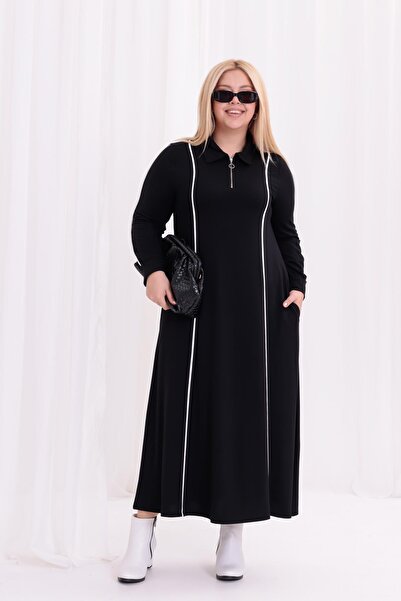 Siyezen Plus Size Striped Detail Polo Neck Dress