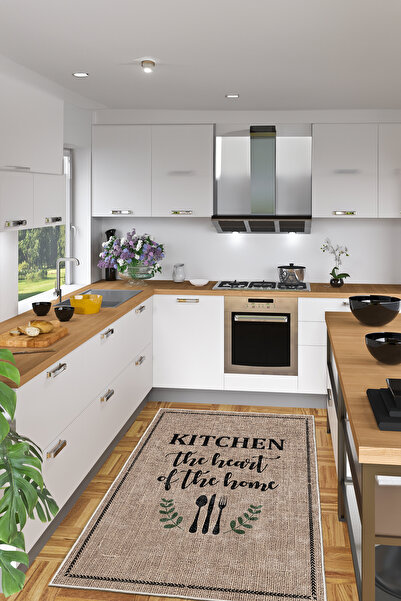 elturcohomecollection Rustik Jüt Dokulu Kitchen Yazılı Dijital Baskı Kaymaz M...