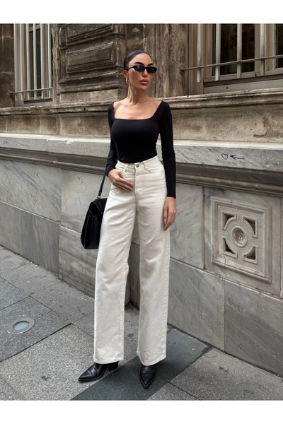 LB Laluna Butik Kadın Yüksek Bel Palazzo Pantolon Denim Kumaş