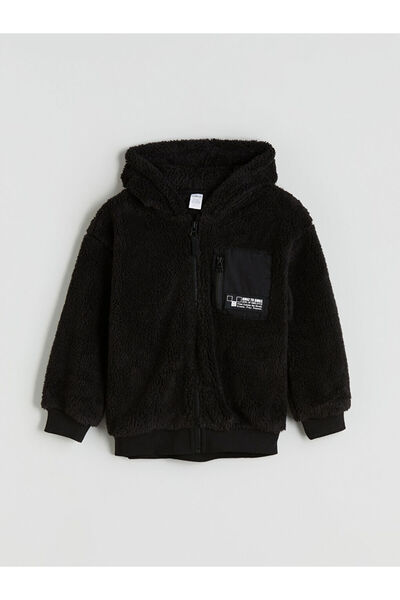 LC Waikiki LCW Kids Black cu glugă cu imprimeu Cardigan de pluș pentru băieți