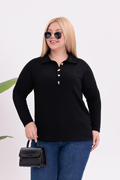 Siyezen Plus Size Polo Neck Gold Button Detailed Blouse