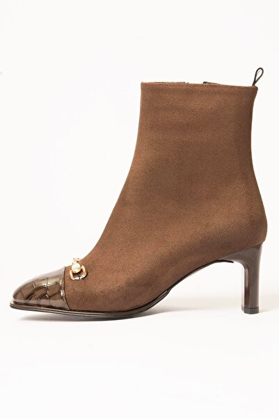 Mubiano Women's Suede Boots with Buckle Crocodile Detail Heeled Zippered Brown Lureva