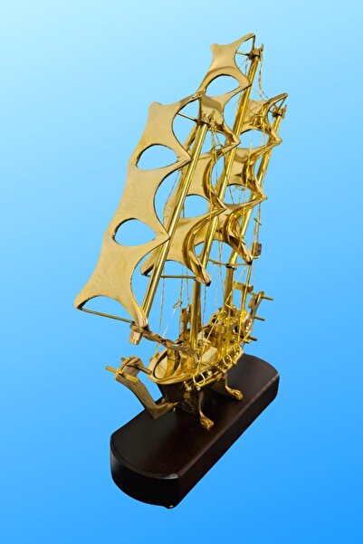 Dünyadan Hediyeler Brass Sailing Ship Wooden Pedestal Home Office Decoration 33cm