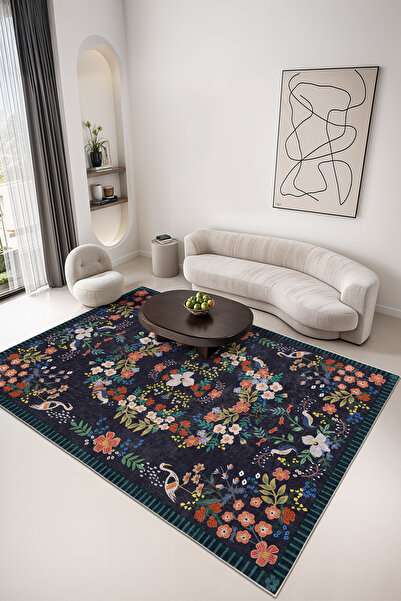 elturcohomecollection Koyu Zeminli Renkli Çiçek ve Kuş Desenli Dijital Baskı ...