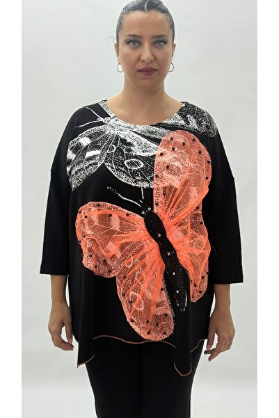 Monica بلوزة نسائية كبيرة الحجم من الفسكوز مزينة بالخرز بأكمام كابري قصة فضفاضة