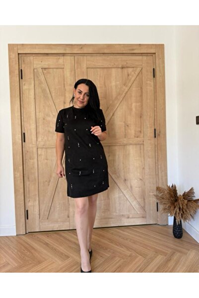 Store Siyah Taş Tasarım Süet Elbise