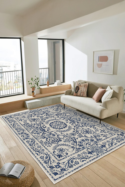 elturcohomecollection Mavi Gri Klasik Desenli Siyah Tabanlı Dijital Baskı Kay...