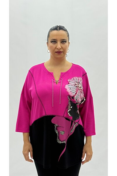 Monica Plus Size Viscose Stone Pearl Detailed Capri Sleeve Oversized Women's ...