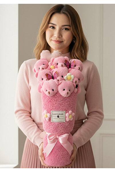 Laynear Premium Pembe Sevimli Peluş Ayıcıklar Pembe Vazo Hediye Çiçek Tasarım...