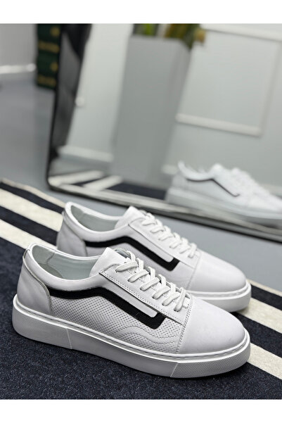 Avni Ceylan Men's White Black Striped Detail Leather Sneaker Shoes