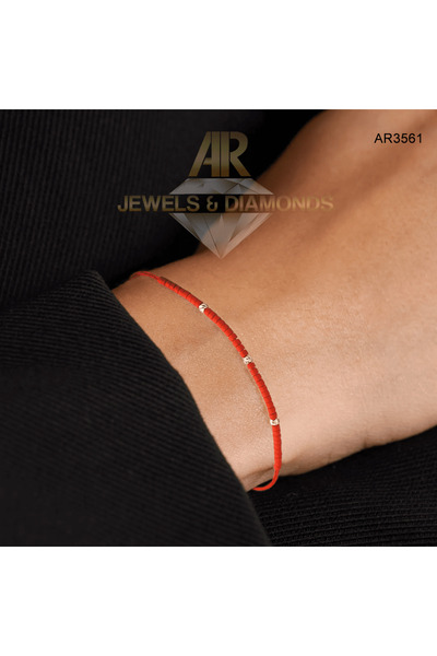 AR Jewels & Diamonds 14K gold bracelet with adjustable red cord AR3562, 2 mm 14K beads and 2 mm Miyuki beads