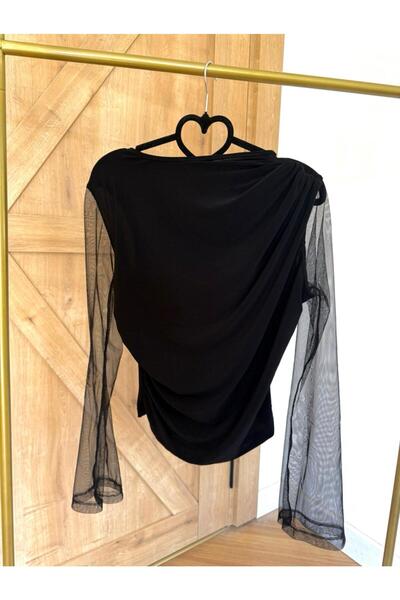 Store Siyah Sandy Kumaş Kolları Tül