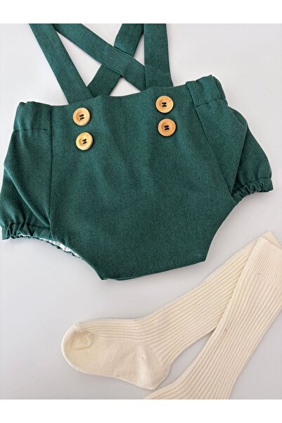 il mio bambino Handmade 100% Cotton Baby Salopet Shorts - Green - Summer Jumpsuit Shorts with Straps and Buttons
