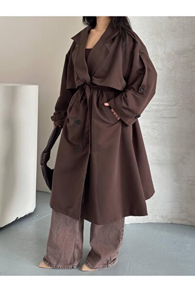 Ekim Store Uzun Dökümlü Kuşaklı Oversize Trençkot