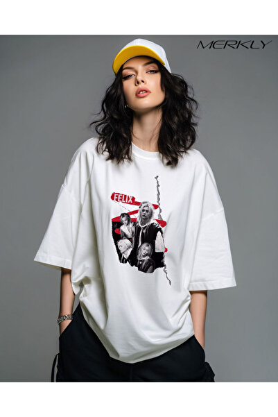 barsdepo Tricou Felix Stray Kids cu imprimeu , supradimensionat Tricou alb un...