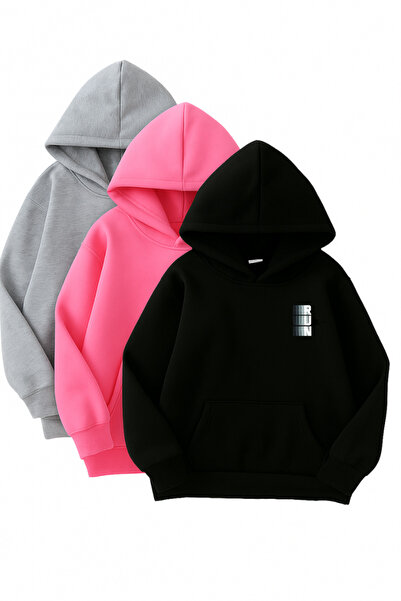 Sweetline Set de cu glugă tricou Swea - Minimal Run cu imprimeu - Negru, Roz, Gri - Tesatura de iarna cu căptușeală din fleece