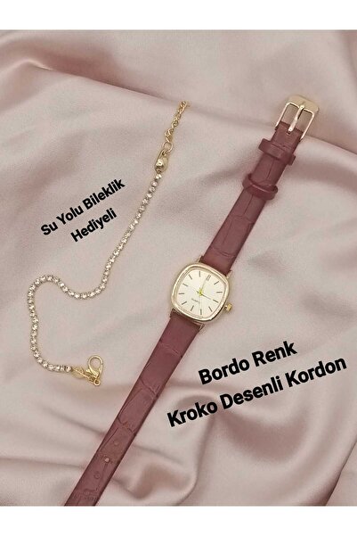 Brality Vintage Kadın Kol Saati Retro Minimal Bordo Kordon BİLEKLİK HEDİYELİ ...