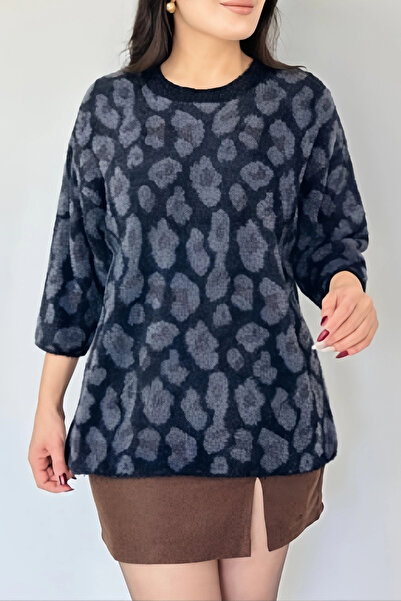 Bİ.GİYSEN Women's navy blue crew neck patterned angora blend soft yarn knit relaxed fit cable sweater