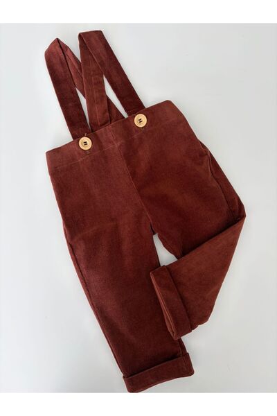 il mio bambino Handmade 100% Cotton Baby Salopet - Red - Brown - Suspender Buttoned Jumpsuit