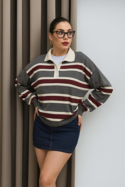 Tasc1 Store Kadın Polo Yaka Çizgili Triko Kazak – Gri Bordo Beyaz / Retro Rug...