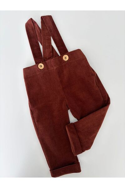 il mio bambino Handmade 100% Cotton Baby Salopet - Red - Brown - Suspender Buttoned Jumpsuit