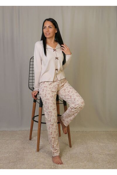 emsal özgür tekstil Light Brown Pajama Set with Burgundy Floral Detail on the...