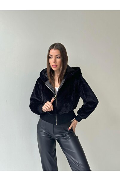 SEDA FİDAN BOUTIQUE سترة قطيفة بغطاء للرأس مضلعة باللون الأسود