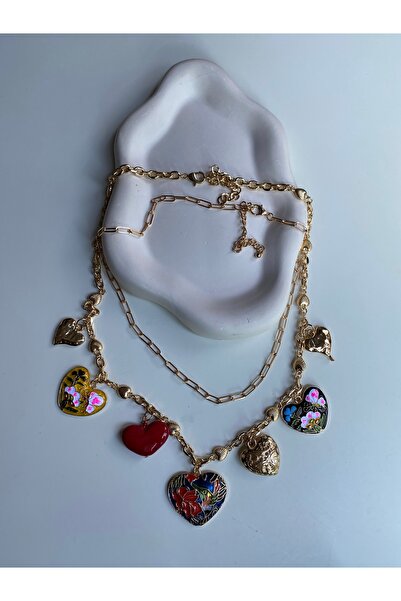 BusradanDesign Renkli Kalp Charmlı İkili Vip Kolye 60 cm
