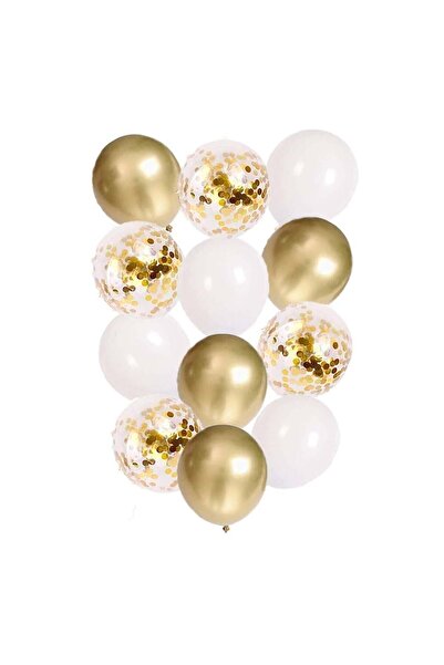 ebru parti evi 12 Inç Beyaz Gold Ve Konfetili Karışık Balon 10 Adet