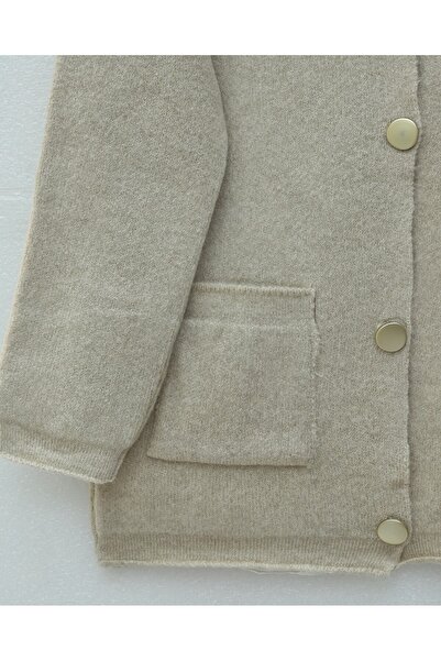 Modamorfo Soft Knit Cardigan with Buttons on the Front and Double Pockets - Stone