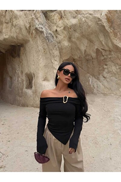 albaroda Bluză neagră pentru femei Madonna cu cataramă la guler