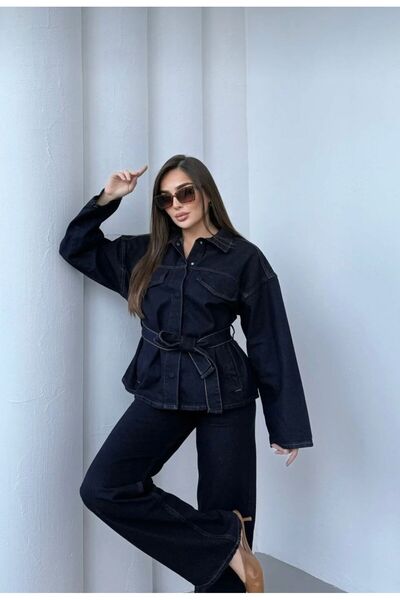 NOVABELLE Kadın Denim Kuşaklı Ceket Pantolon Takım