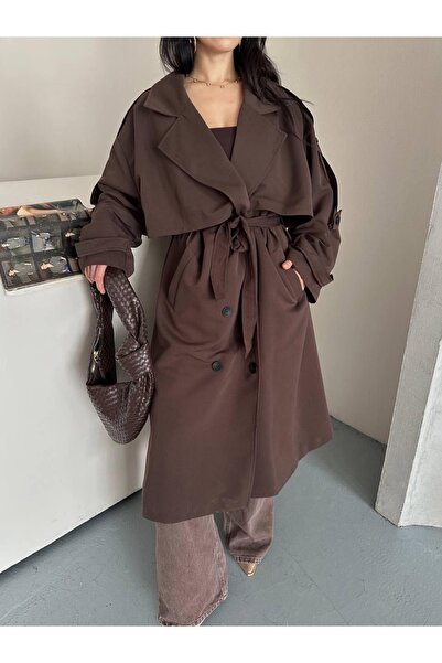 Ekim Store Uzun Dökümlü Kuşaklı Oversize Trençkot