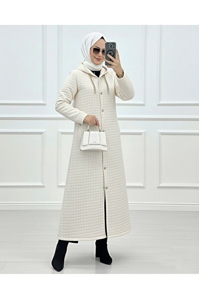 Modamorfo Long Quilted Coat with Chain Detail on the Collar - Beige