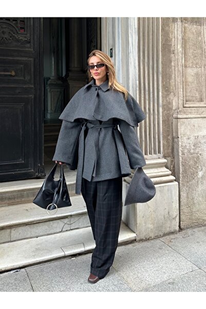 Laluvia Anthracite Livia Cape Detailed Cashmere Coat