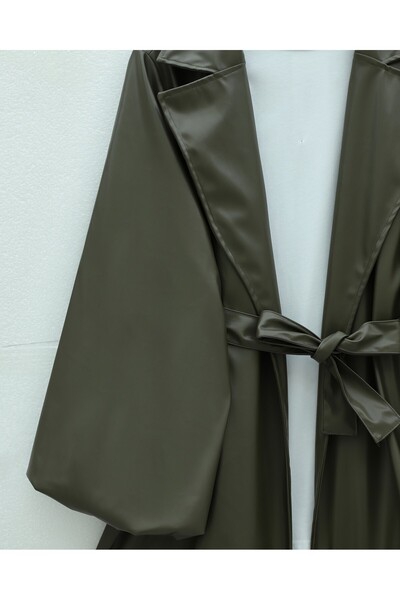 Modamorfo Balloon Sleeve Belted Leather Jacket - Khaki