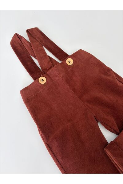 il mio bambino Handmade 100% Cotton Baby Salopet - Red - Brown - Suspender Buttoned Jumpsuit