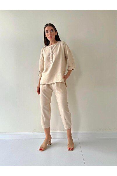 SEDA FİDAN BOUTIQUE طقم مكون من قطعتين من الكتان بأزرار أمامية من بيليس، لون ...