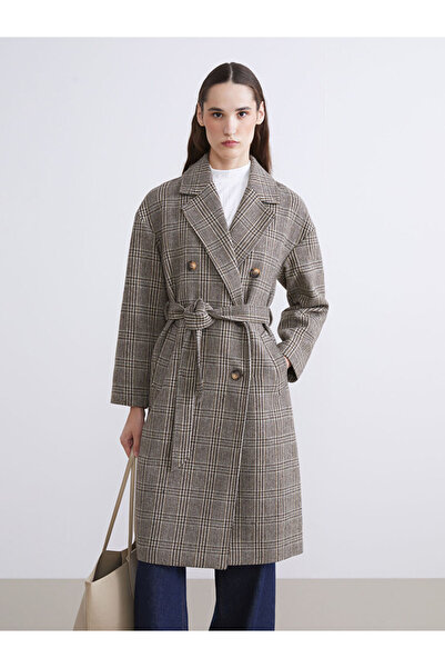 LC Waikiki Lcw vision brown Double-Breasted patterned collar women's stamp coat