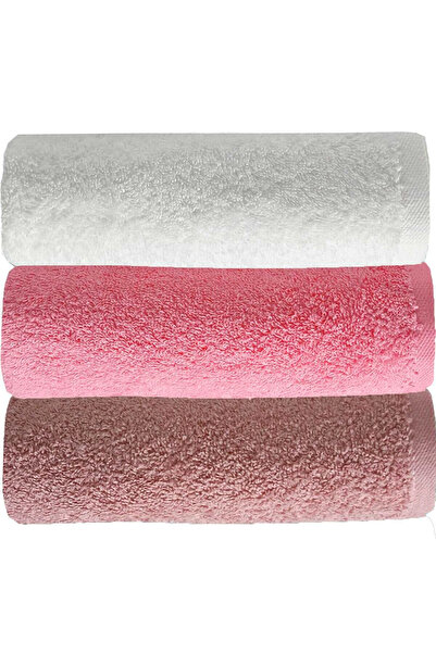 Mira Home طقم من 3 مناشف وجه يدوية بلون سادة 100% قطن 50x90 سم وردي-وردي-أبيض
