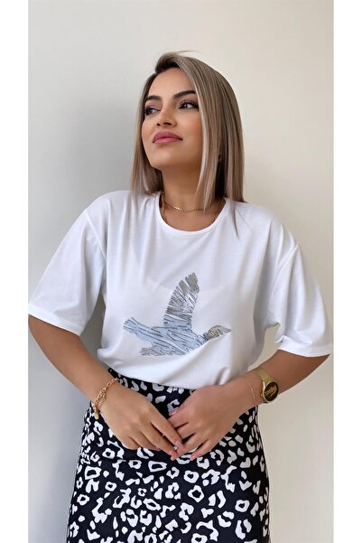 SEDA FİDAN BOUTIQUE تي شيرت مطبوع عليه طائر مبطن باللون الفضي