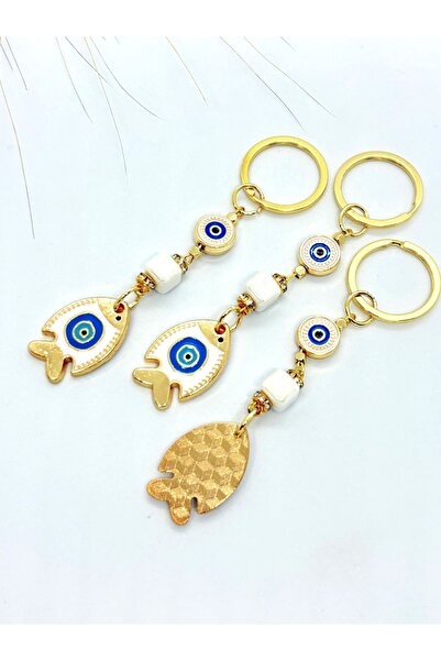 Azrua White Fish Stone Metal Keychain, Lucky Keychain, Metal Evil Eye Bead Keychain