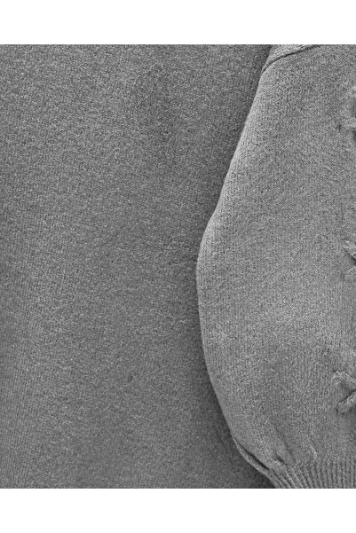 Modamorfo Round Neck Soft Knit Sweater with Handle Flower Detail - Gray