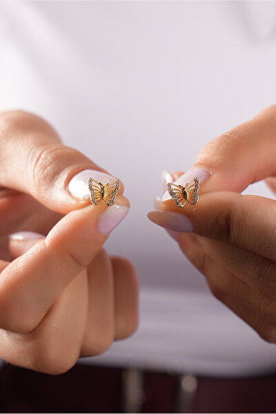 SUNSHINE 925 Ayar Gümüş Gold Kaplama Kelebek Tasarım Beyaz Zirkon Taşlı Kadın Küpe