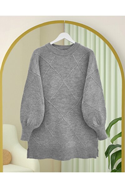 Modamorfo Round Neck Diamond Pattern Slit Knitwear Sweater -Gray