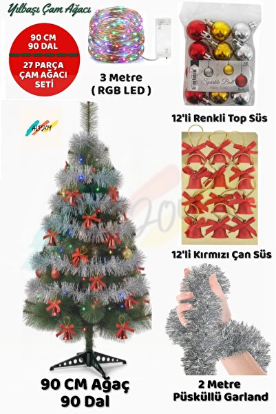 Genel Markalar 90 cm Yılbaşı Çam Ağaç Seti ve Yılbaşı Süsleri Paketi Yılbaşı Işığı Noel
