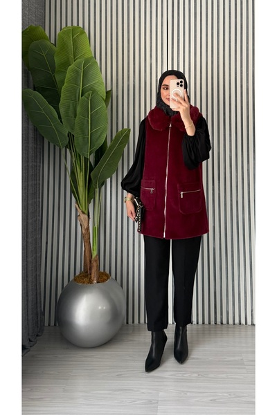 ruqaya Kadın Kürk Detaylı Fermuarlı Angora Yelek