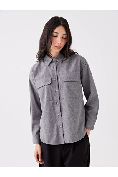 LC Waikiki Lcw Vision Gray Solid Long Sleeve Oversize Women's Lumberjack Shirt Jacket