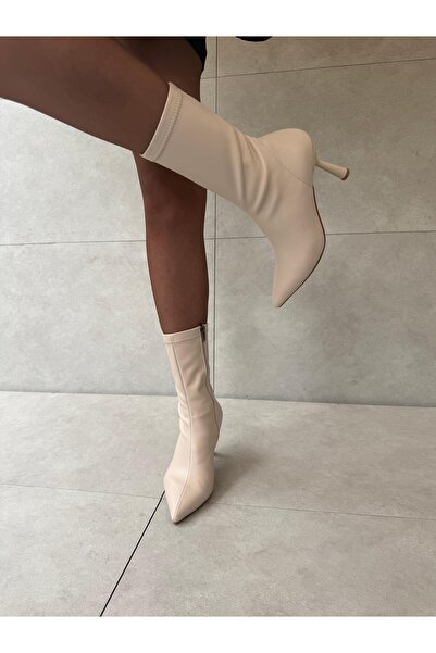 Elvinin Tarzı Ciel Beige Leather Thin Heeled Flexible Women's Stretch Boots