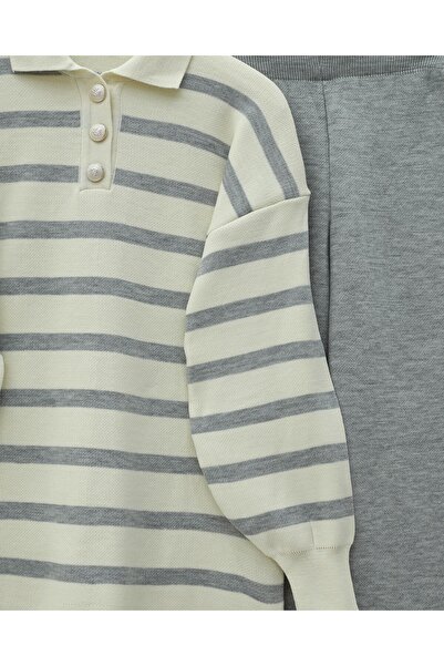 Modamorfo Polo Neck Buttoned Striped Knitwear Set - Gray